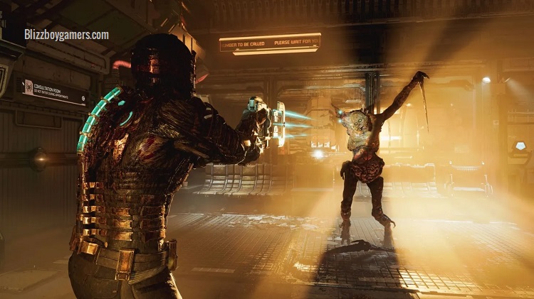 Isaac Clarke apunta su arma a un enemigo Necromorfo en un pasillo oscuro de la USG Ishimura durante un combate de Dead Space Remake.