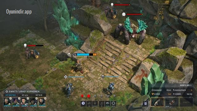 Phoenix Point Ultra Edition — Soldado apuntando a una parte concreta del cuerpo enemigo desde una posición elevada.