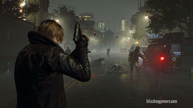 Leon S. Kennedy combate a enemigos infectados en Resident Evil Requiem Deluxe Edition, con armas, ataques cuerpo a cuerpo y escenarios devastados de Raccoon City.