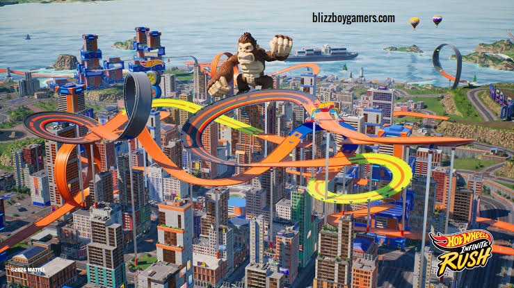 Hot Wheels Infinite Rush en una carrera urbana con varios coches acelerando entre curvas y obstáculos.