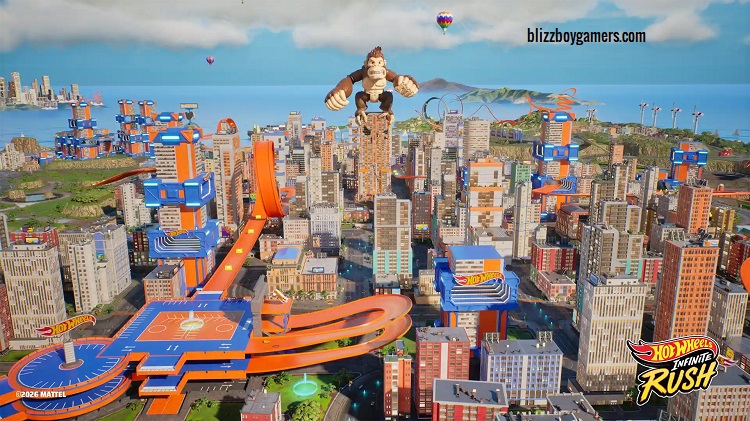 Hot Wheels Infinite Rush presenta el editor de pistas con un recorrido construido entre elementos del mundo abierto.